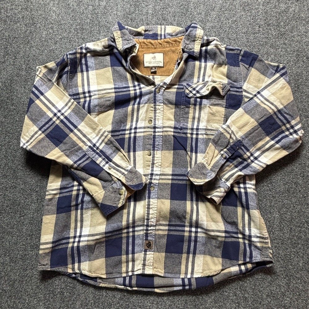 Legendary Whitetails Mens XL Plaid Flannel Shirt Navy Tan Corduroy Trim Plaid